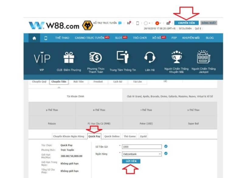 Gửi tiền W88 bằng Quick Pay