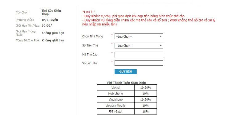 W88 thẻ cào điện thoại