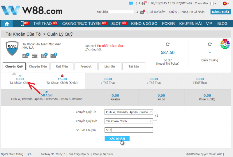 Chuyển ví tiền trước khi rút tiền w88