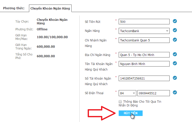 Nhập thông tin ngân hàng để rút tiền w88